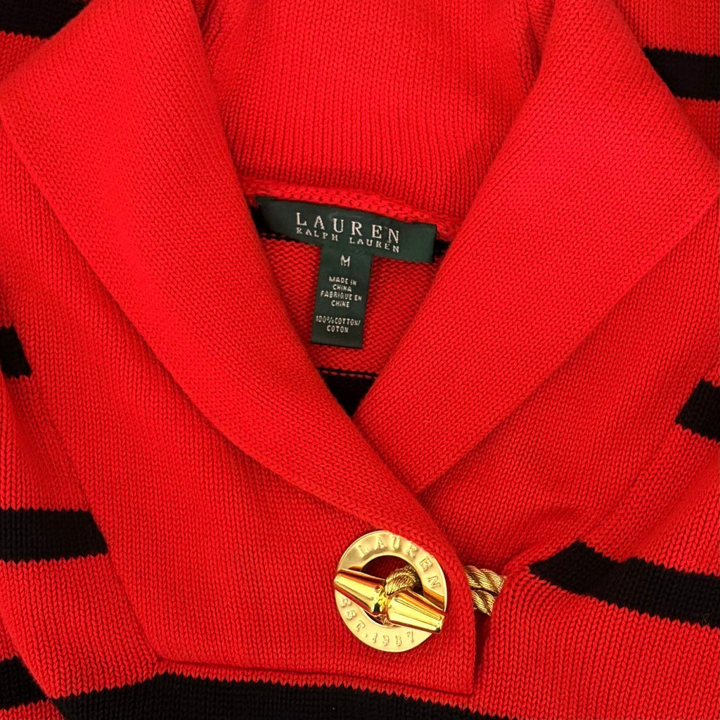 Lauren RALPH LAUREN Red Navy Blue Stripe Shawl Collar Sweater Knit Medium