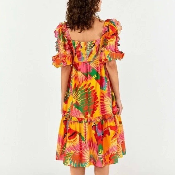 FARM RIO Colorful Toucans Scallops Midi Dress Birds Vacation Embroidered X-Large