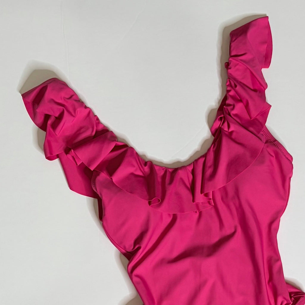 NWT!! J. CREW Ruffle Scoopneck One Piece Swimsuit Solid Hot Pink Vacation Size 4