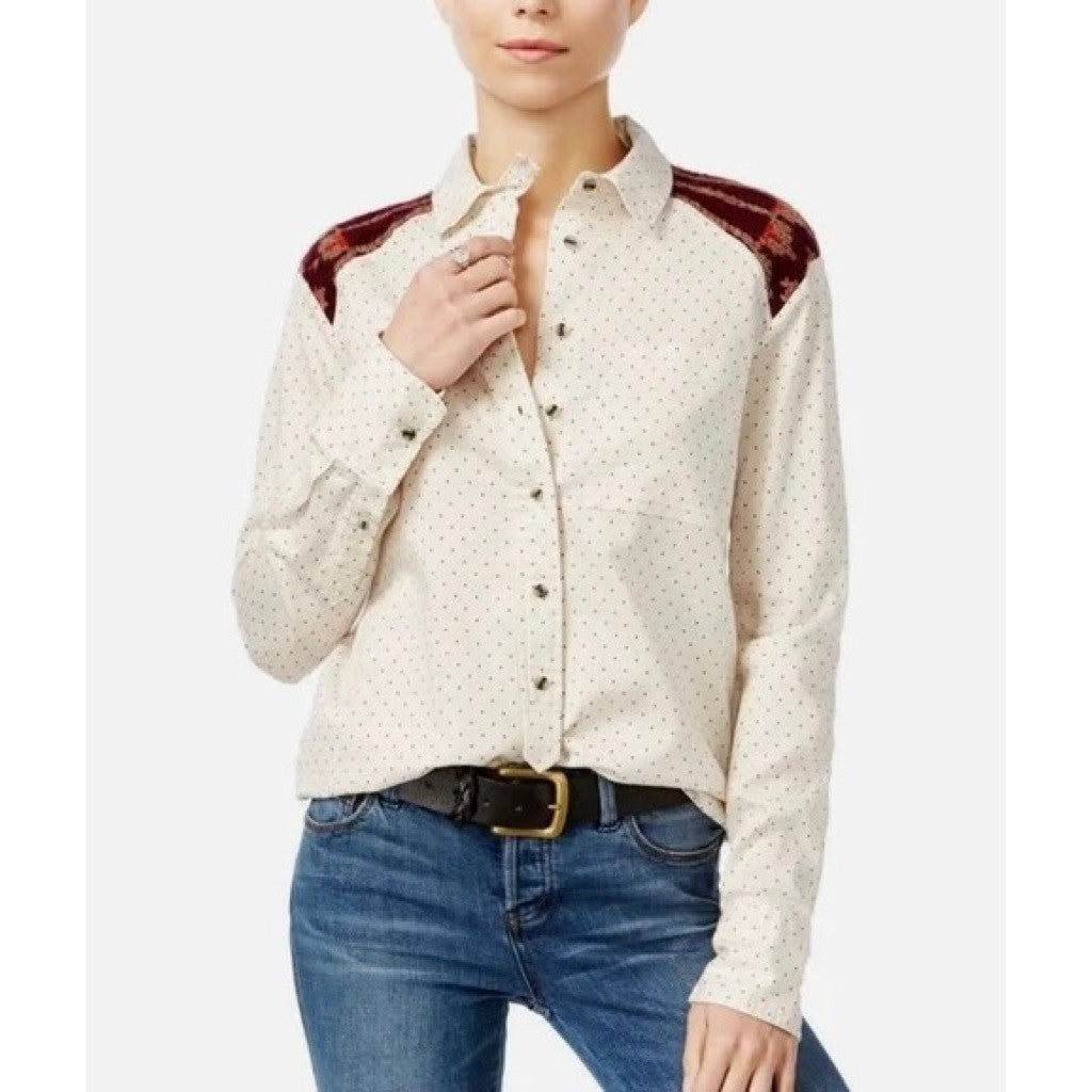 FREE PEOPLE Mixed Media Sage Buttondown Shirt Wool Western Polka Dot Medium