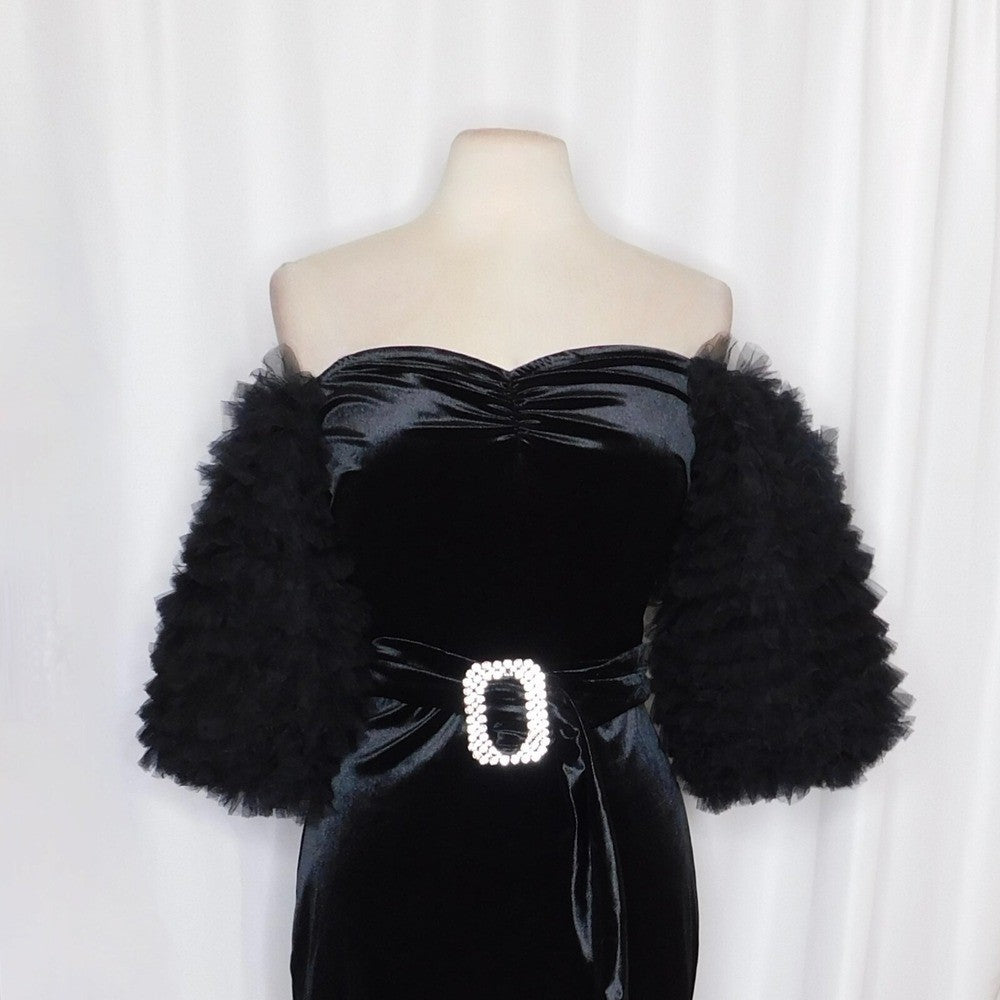 NWT!! ZARA Black Velvet Dress Ruffled Tulle Sleeves Rhinestone Party Cocktail