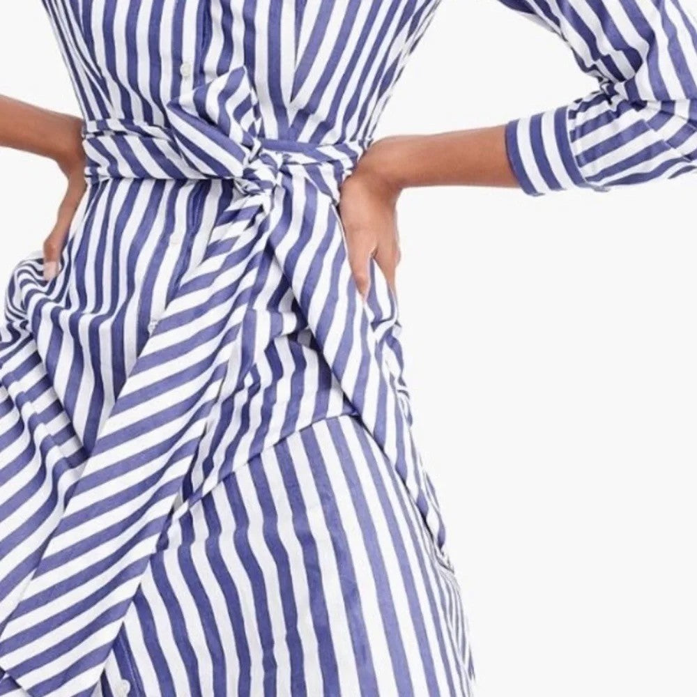 J. CREW Lighthouse Tie Waist Shirtdress Blue White Stripe Shirt Dress Size 0