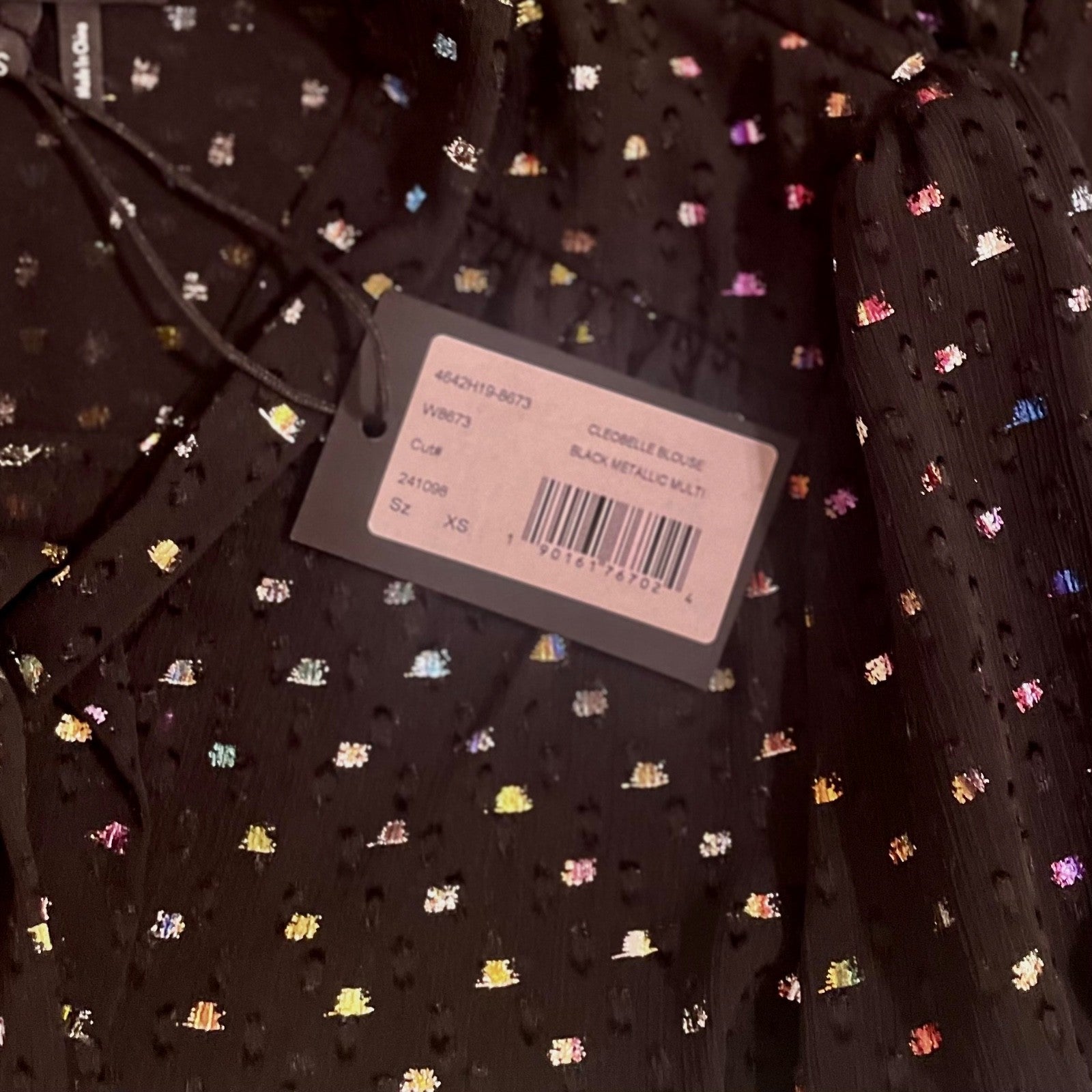 NWT!! PAIGE Cleobelle Black Metallic Tie Neck Top Blouse Rainbow Clip Dot XS