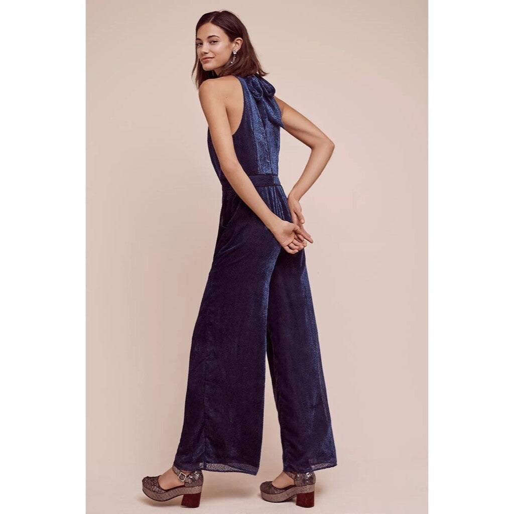 Anthropologie ELEVENSES Velvet Nova Jumpsuit Mock Neck Textured Blue Size 6