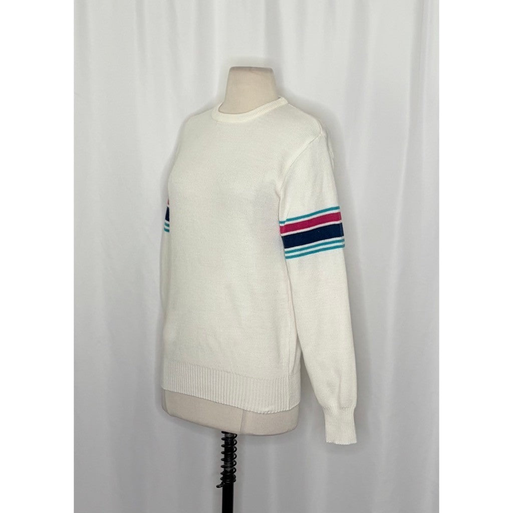 Vintage MEISTER White Stripe Sleeves Sweater Pullover Knit Sporty Outdoors Small