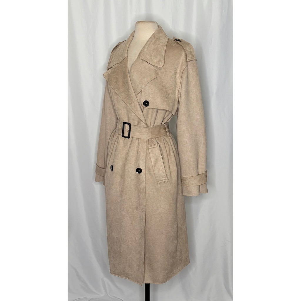 ZARA Faux Suede Trench Coat Belted Jacket Solid Tan Brown Pockets Outdoors Large