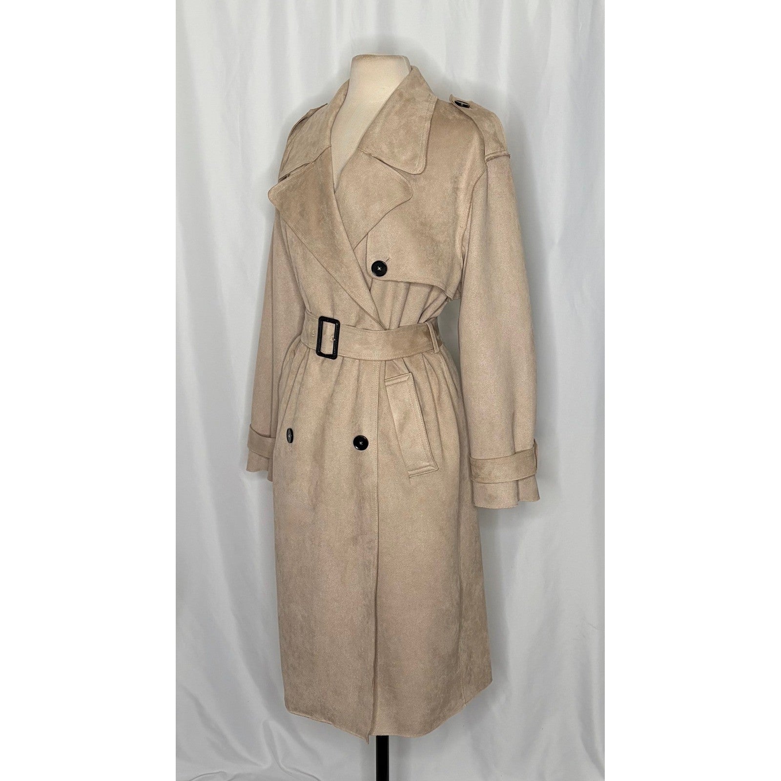 ZARA Faux Suede Trench Coat Belted Jacket Solid Tan Brown Pockets Outdoors Large