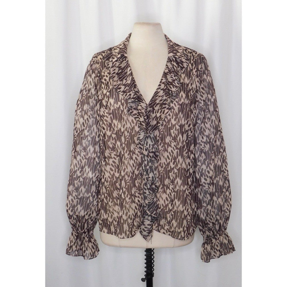 TED BAKER Bertei V Neck Ruffle Blouse Top Brown Abstract Chic Size 6 / US 14