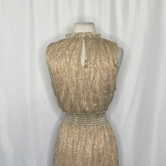 DRAPER JAMES Gold Metallic Smocked Sleeveless Dress Party Holidays Medium