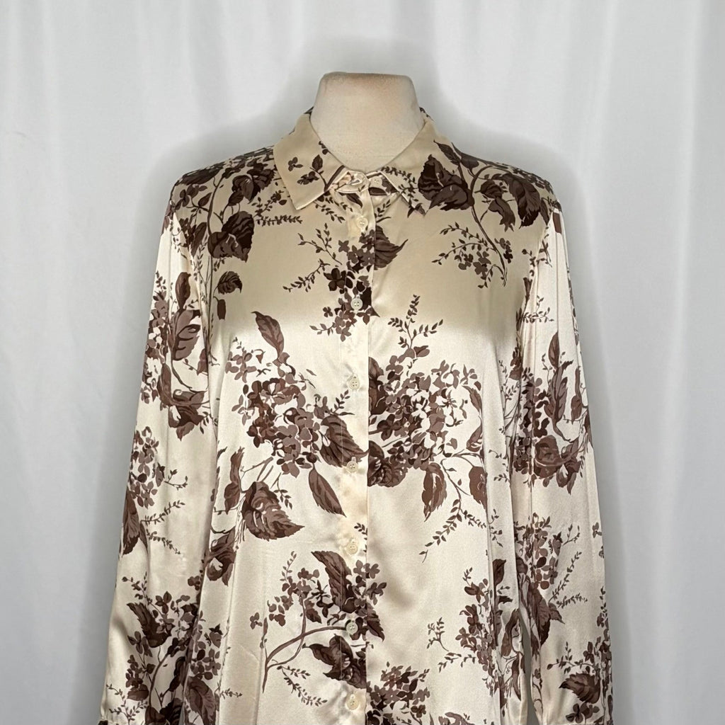 REFORMATION Silk Floral Print Blouse Top Buttondown Cream Brown Chic Large
