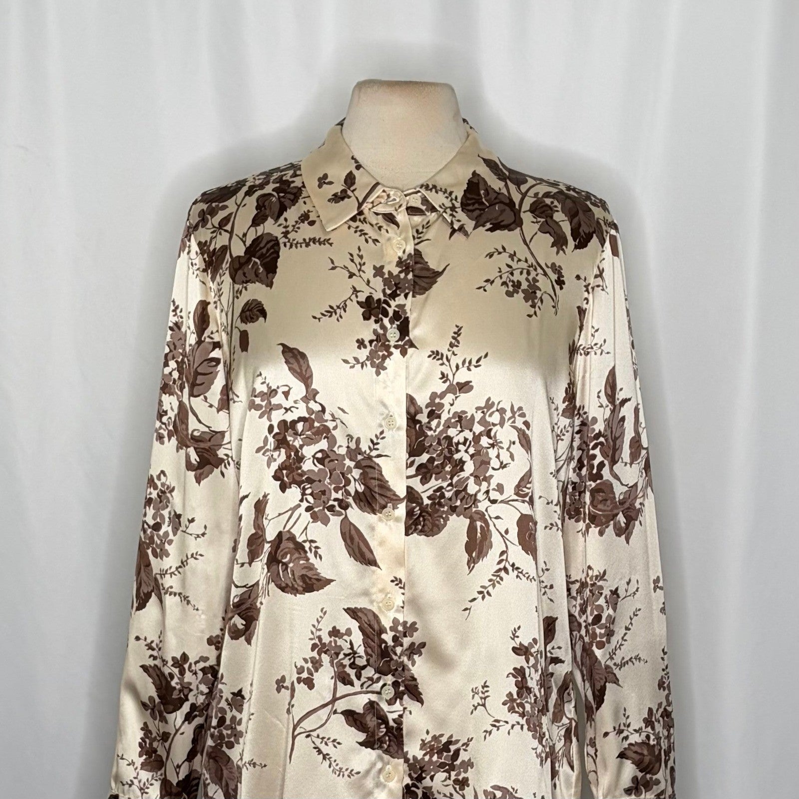REFORMATION Silk Floral Print Blouse Top Buttondown Cream Brown Chic Large