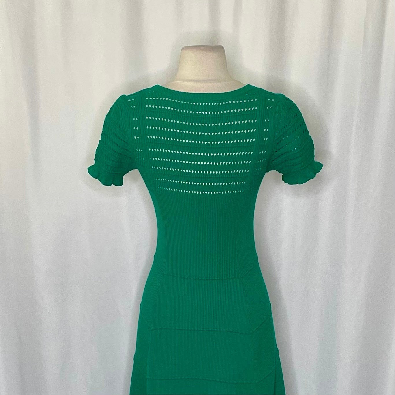 Anthropologie MAEVE Promenade Pointelle Knit Dress Solid Green Flirty X-Small