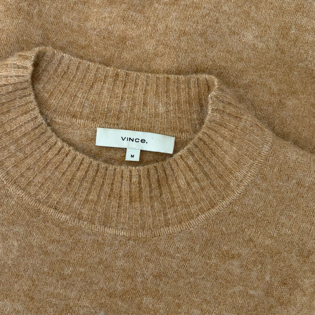 VINCE Contrast Tip Wool Alpaca Pullover Sweater Camel Brown Navy Blue Medium