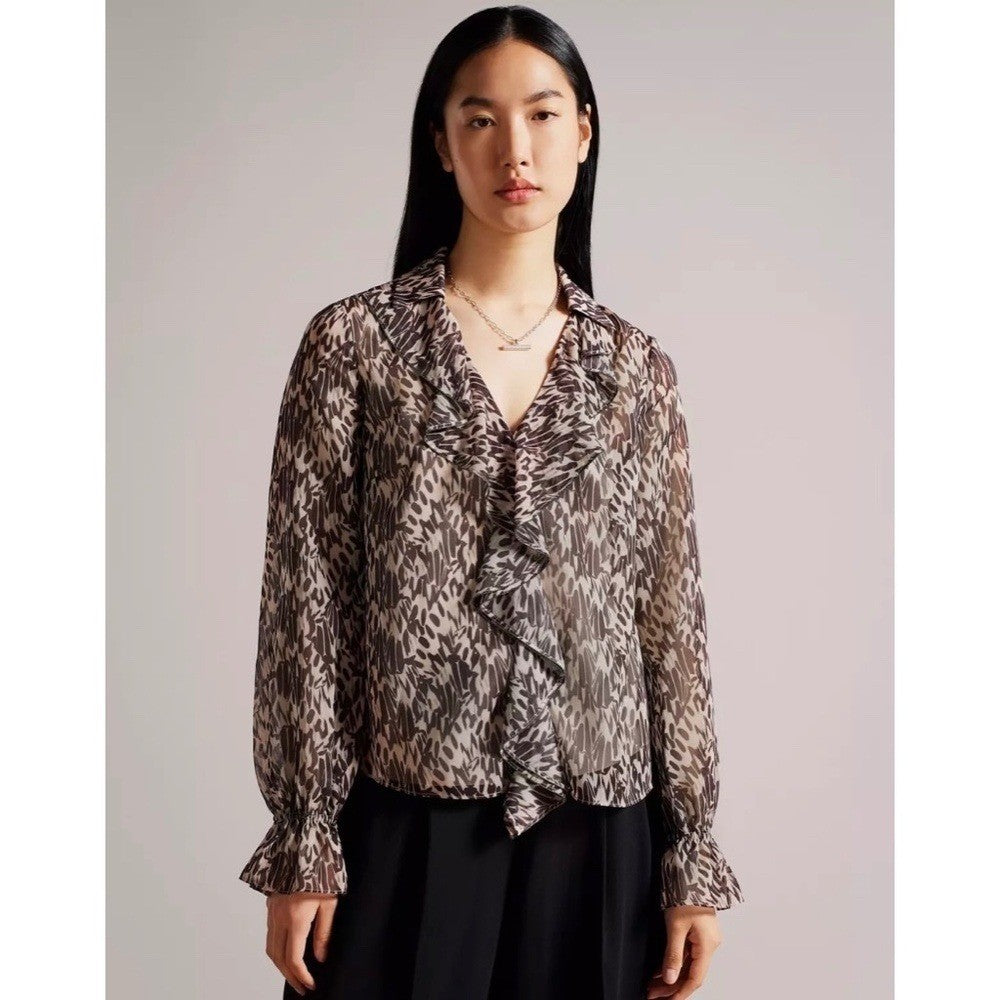 TED BAKER Bertei V Neck Ruffle Blouse Top Brown Abstract Chic Size 6 / US 14