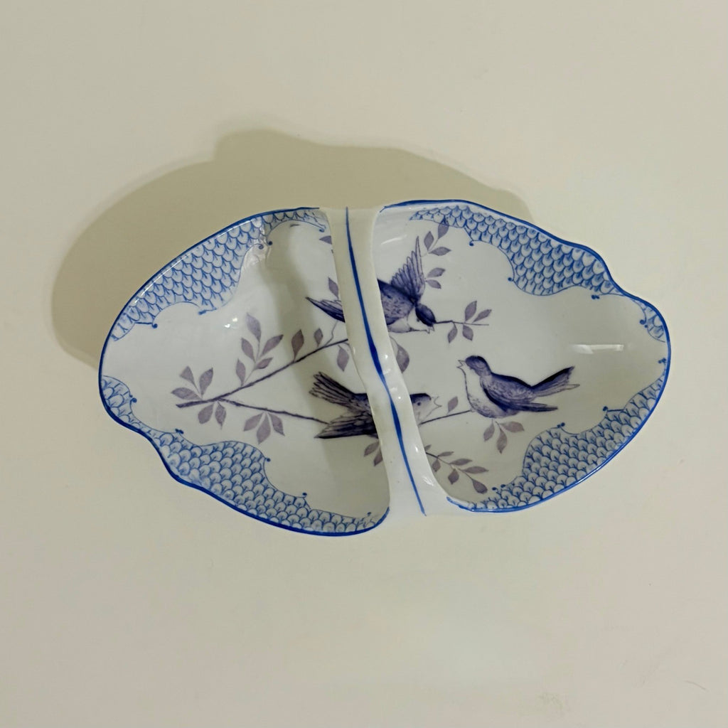Vintage ROYAL RUDOLSTADT Blue White Handled Trinket Dish Tray Birds Swallows