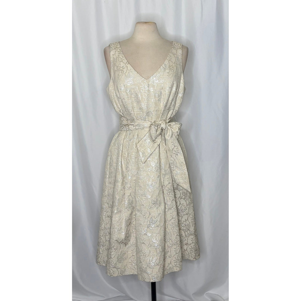 LAFAYETTE 148 New York Metallic Floral Dress Pleated Tie Waist Silver Size 14