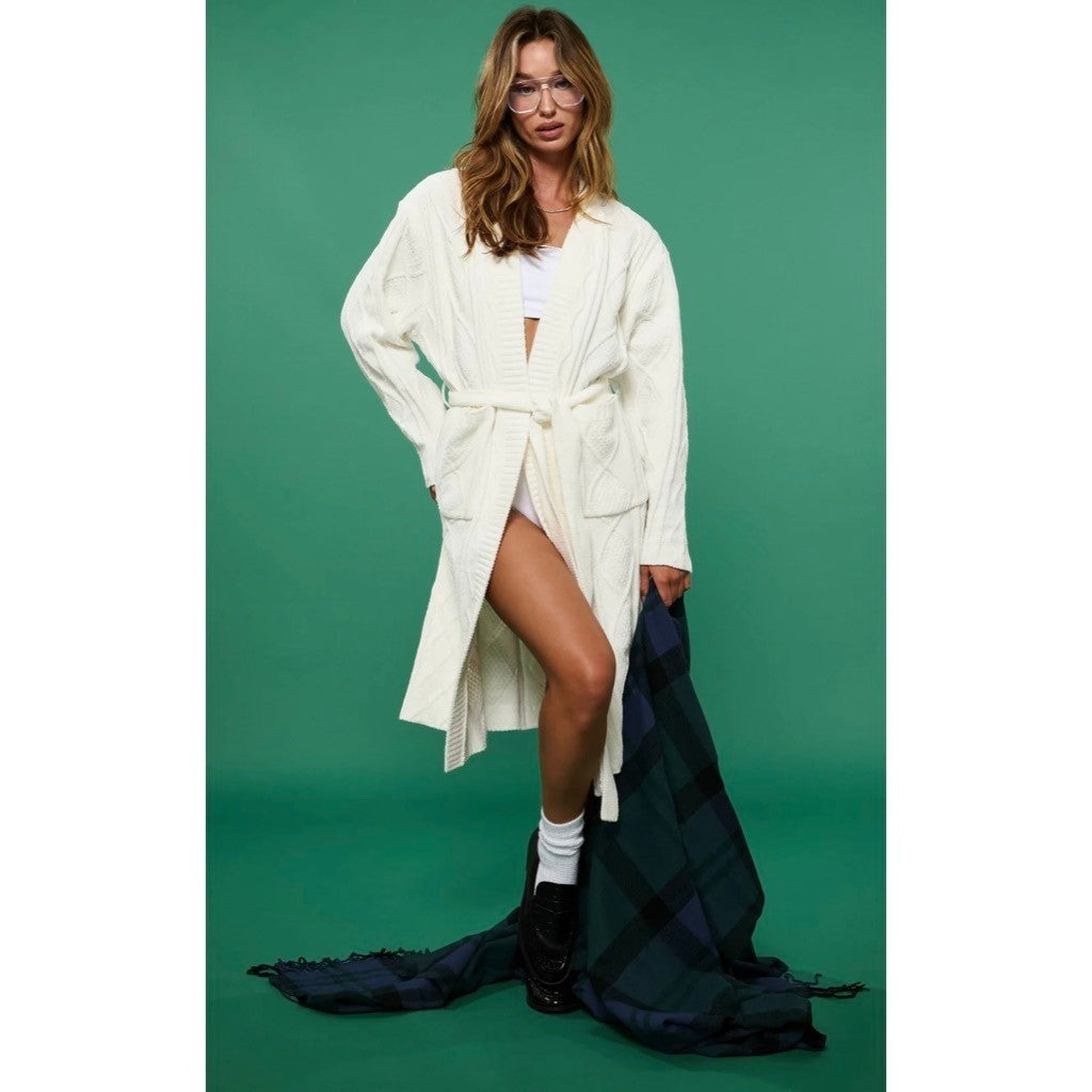 BEACH RIOT Rinna Chenille Robe Cream Cable Knit Belted Pockets X-Small Small
