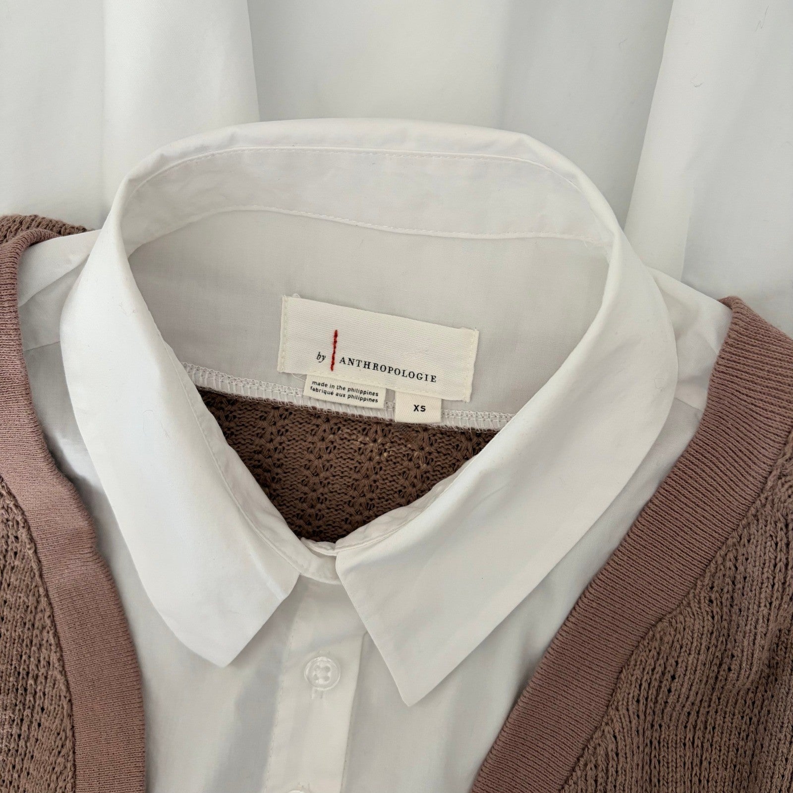 By ANTHROPOLOGIE Twofer Sweater Vest Shirt Blouse Layered Brown White X-Small