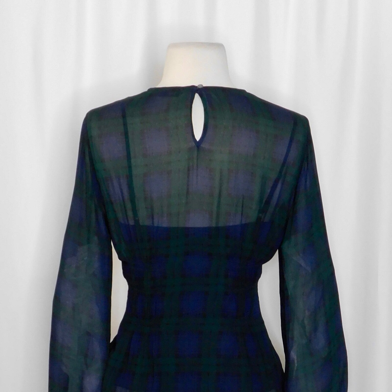 NEW!! J. CREW Chiffon Shirred-Waist Top Black Watch Tartan Plaid Copper Green 2