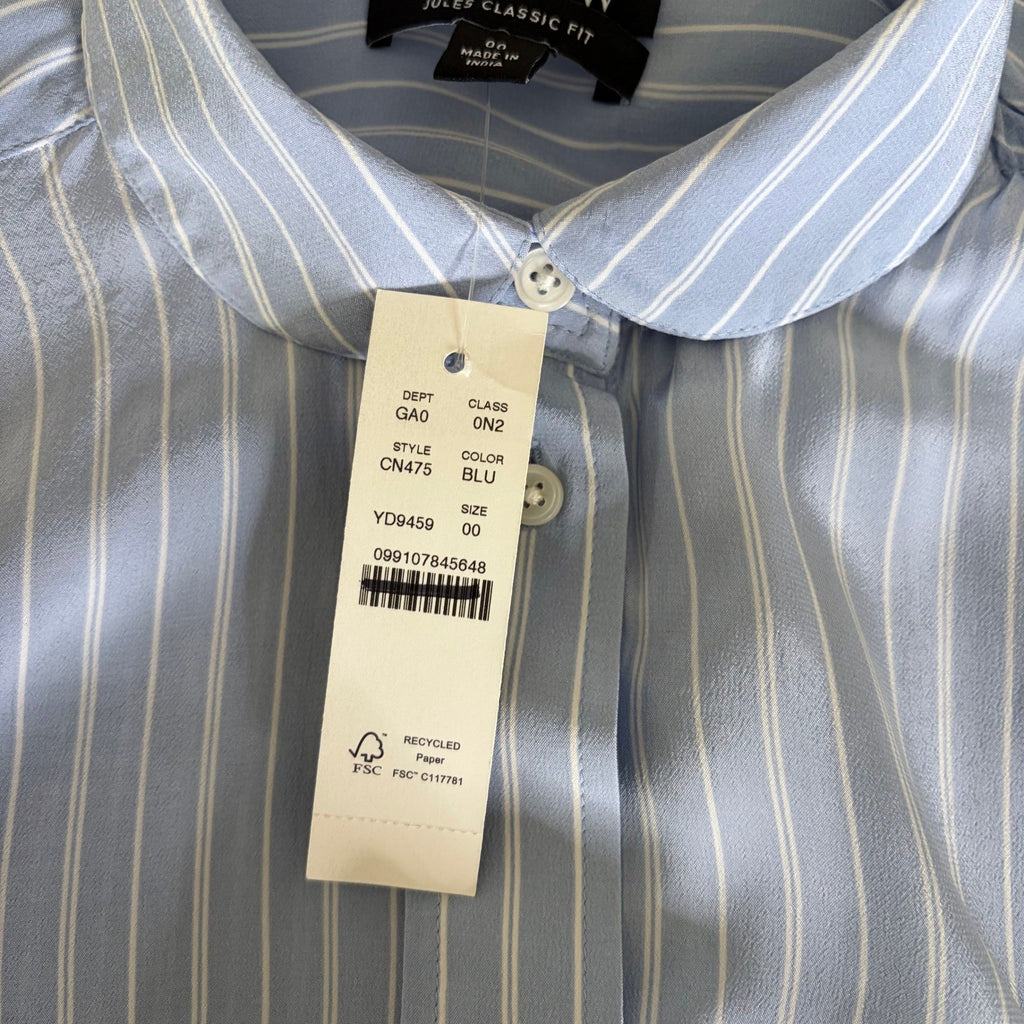 NWT!! J. CREW Jules Club Collar Shirt Striped Crepe De Chine Blue Stripe Size 00