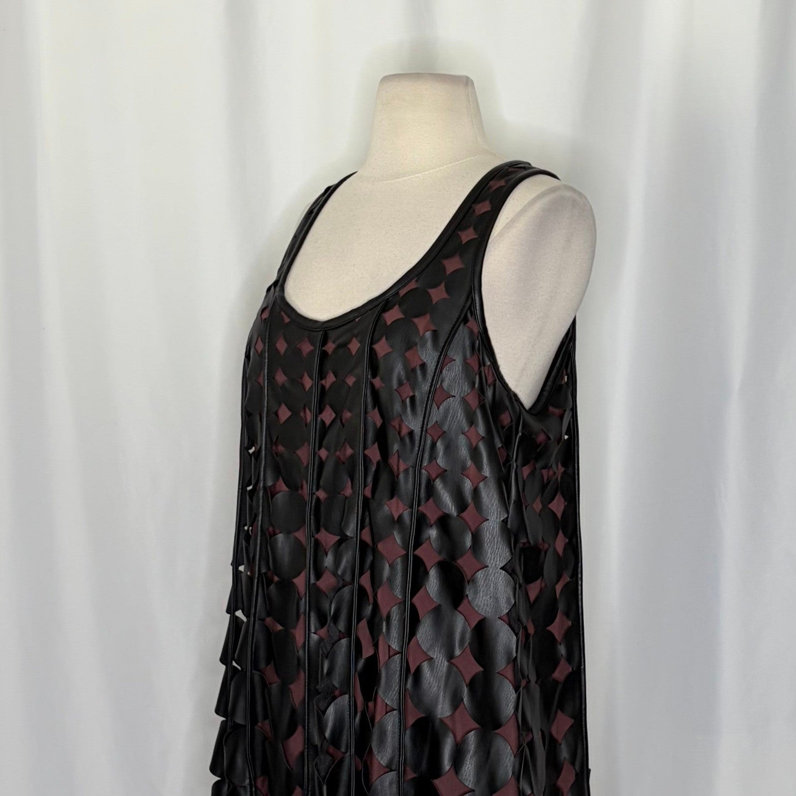 Anthropologie MAEVE Faux Leather Sleeveless Swing Dress Black Circles Mini Small