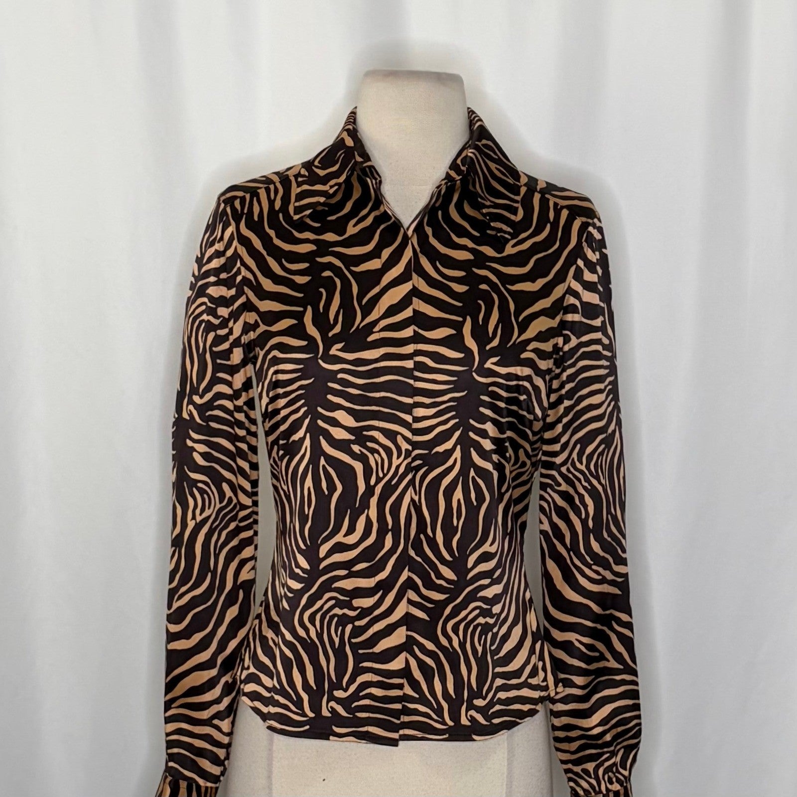 ETCETERA Stretch Silk Buttondown Shirt Blouse Animal Print Brown Tan Size 2