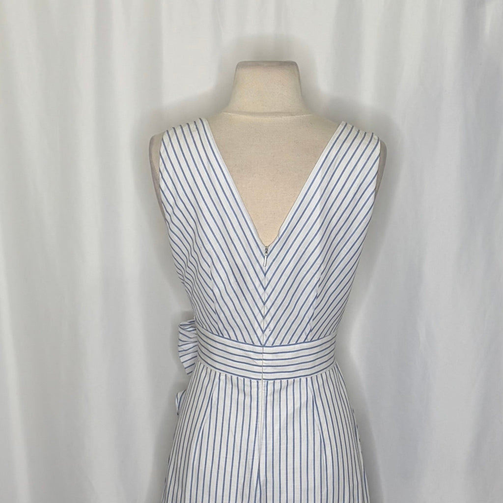 REBECCA TAYLOR Sleeveless Stripe Linen Wrap Dress Ruffle White Milk Blue Sky 4