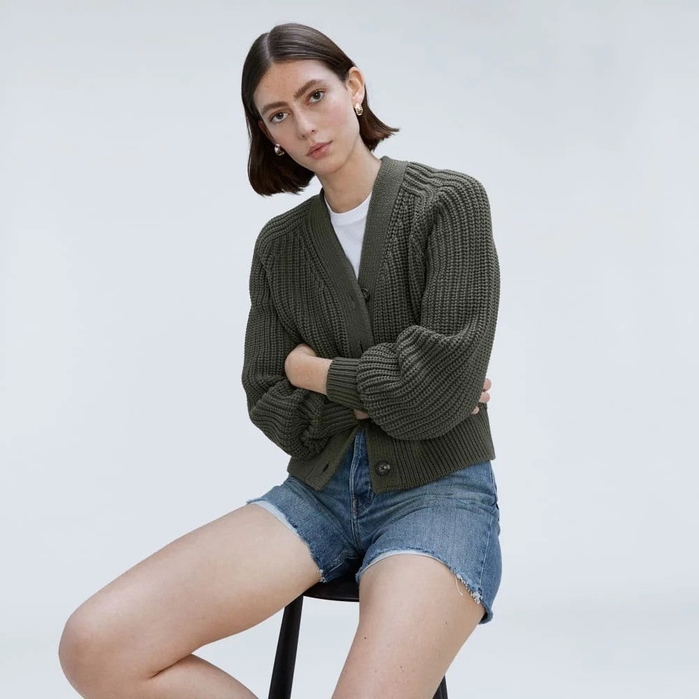 EVERLANE The Texture Cotton Cardigan Sweater Raglan Kambaba Green Knitwear Small