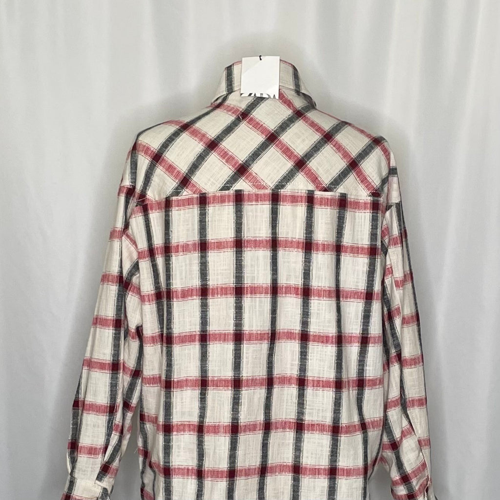 NWT!! ZARA Plaid Oversized Buttondown Shirt Red White Black Pockets Retro Small