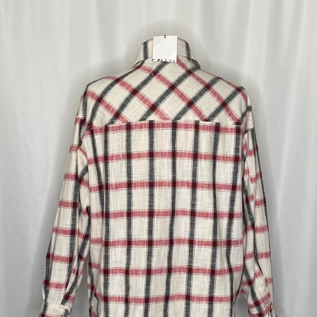 NWT!! ZARA Plaid Oversized Buttondown Shirt Red White Black Pockets Retro Small