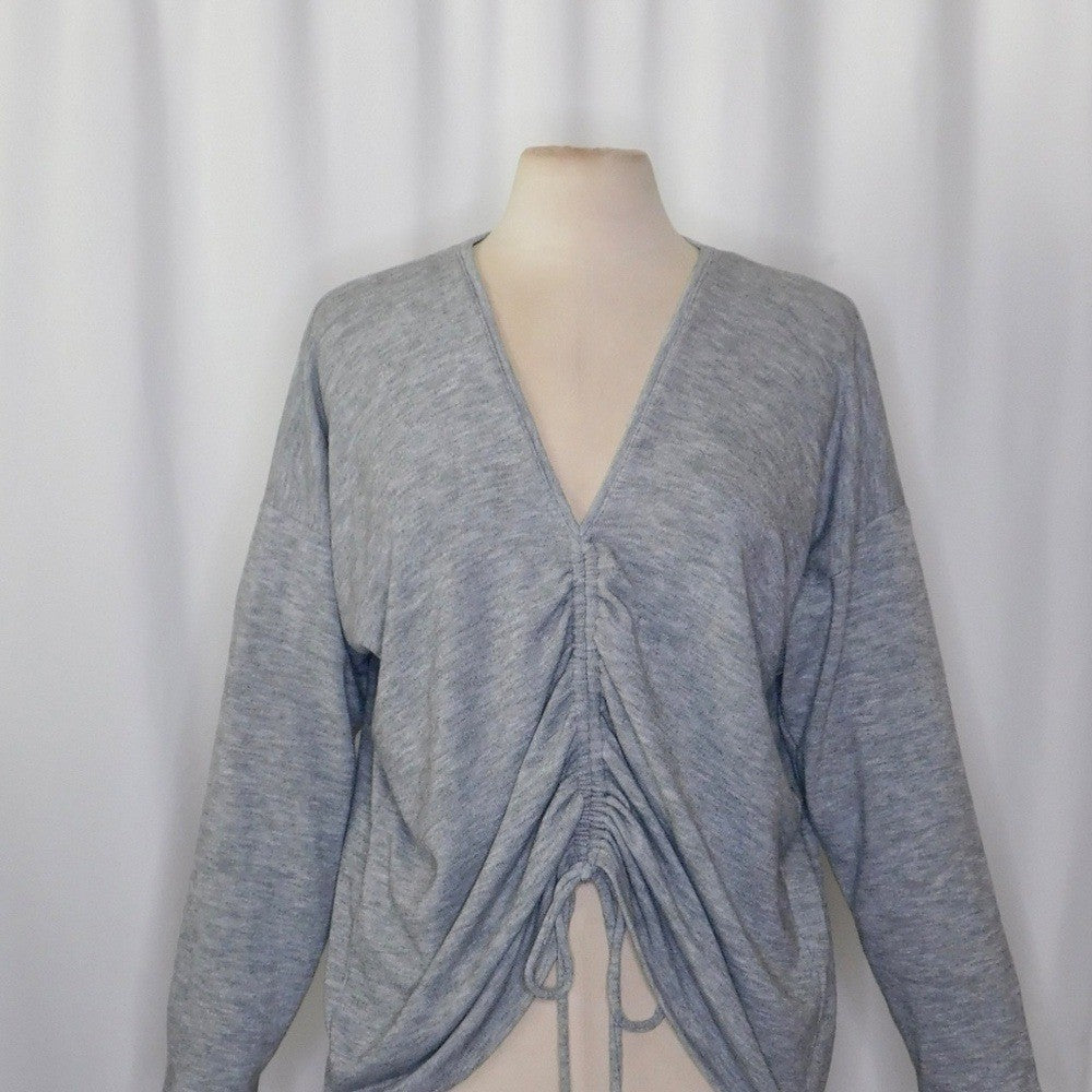 ZARA Heathered Gray Cinched Sweater V Neck Pullover Cinchable Cinched Top Large