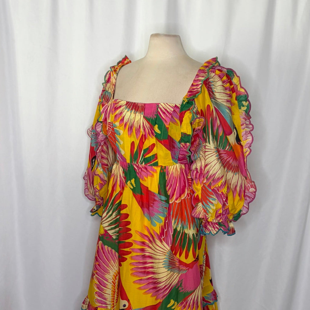 FARM RIO Colorful Toucans Scallops Midi Dress Birds Vacation Embroidered X-Large