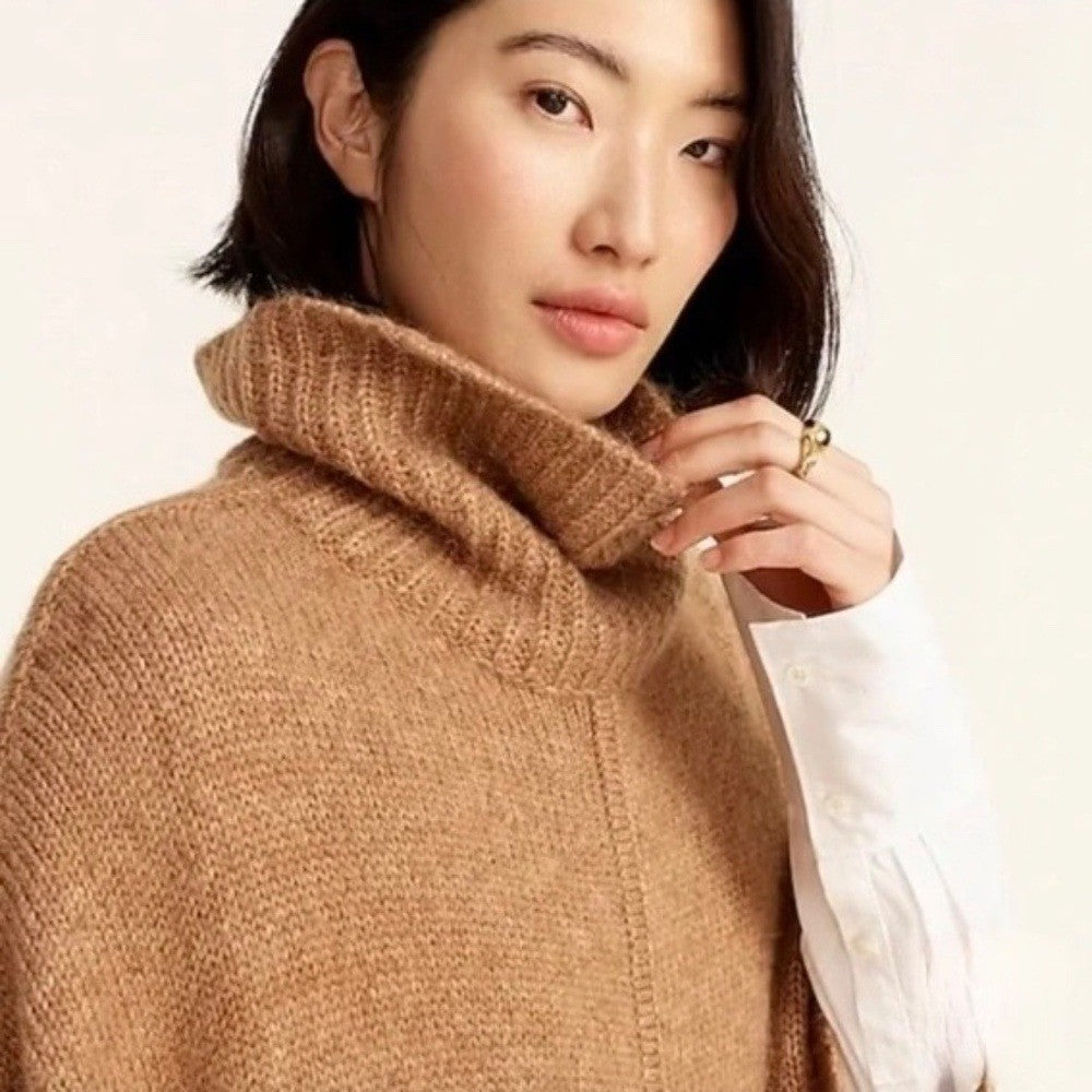 J. CREW Relaxed Turtleneck Poncho Sweater Merino Wool Alpaca Pocket Small Medium