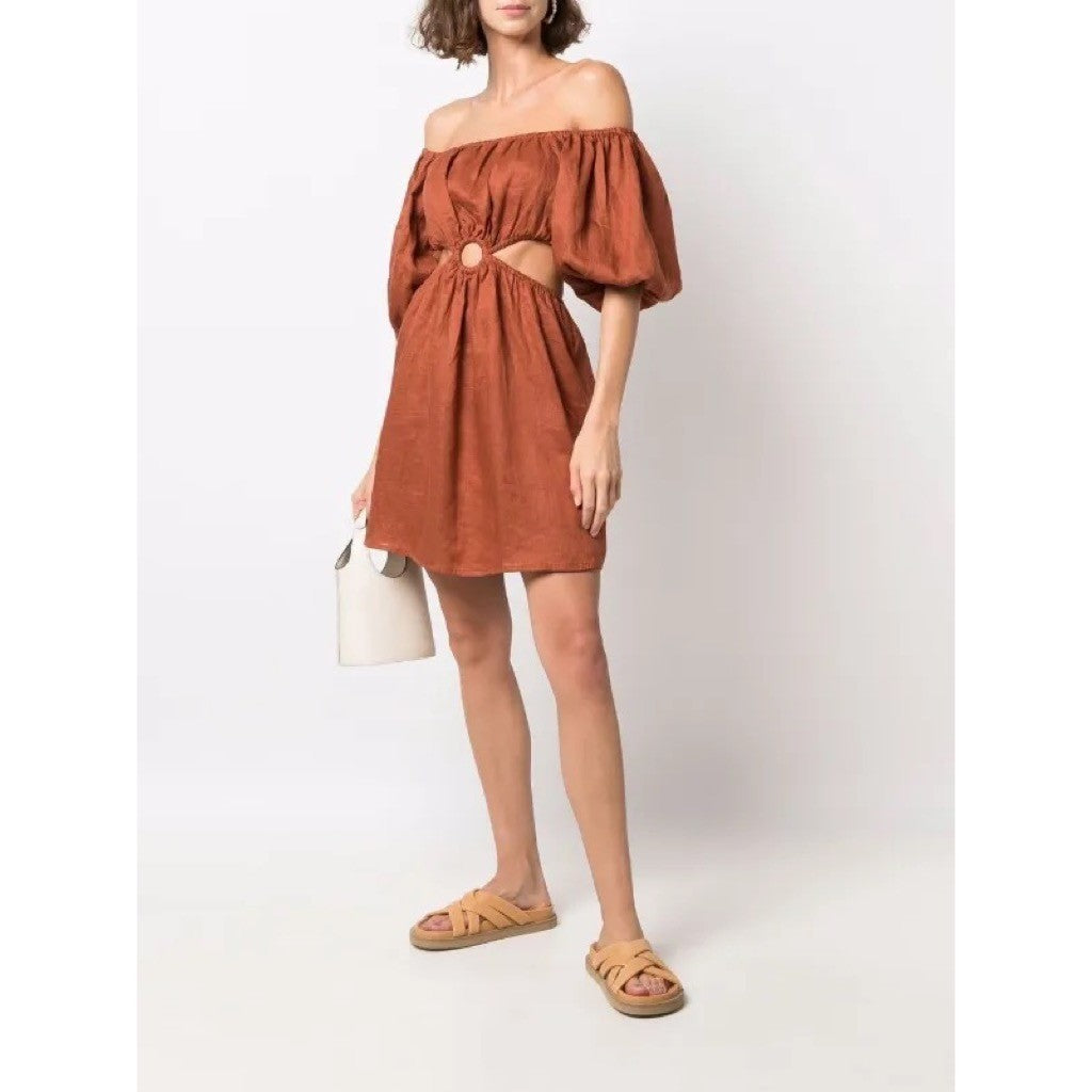 Revolve FAITHFULL THE BRAND Almero Linen Dress Brown Plain Spice Party X-Small