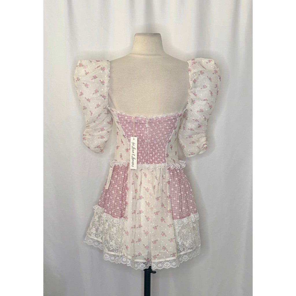 NWT!! FOR LOVE & LEMONS Francine Floral Patchwork Mini Dress Lace Coquette XS