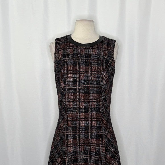 CLASSIQUES ENTIER Stella Tweed A-Line Fit N' Flare Dress Leather Wool Plaid 8