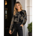 HALE BOB Floral Embroidered Mesh Top Blouse Long Sleeve Jacquard Romantic Medium