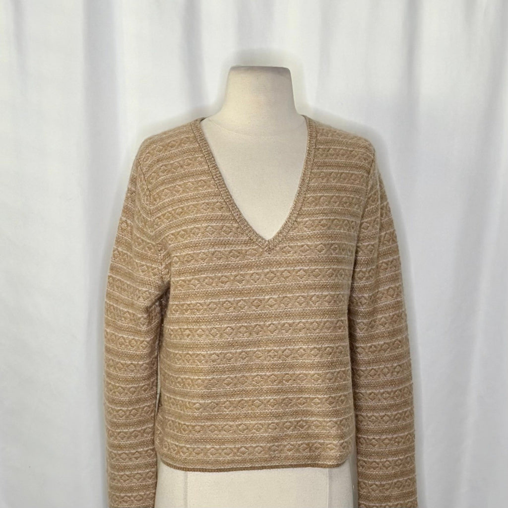 VINCE Cashmere Fair Isle V Neck Sweater Sandshell Combo Preppy Pullover Medium