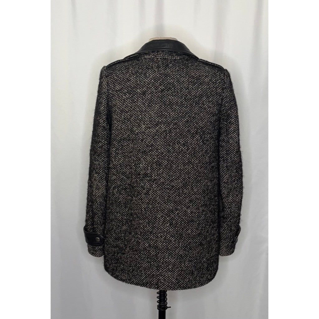 MAJE Ribiera Leather Tweed Coat Moto Inspired Pockets Zipper Size 38 US Medium