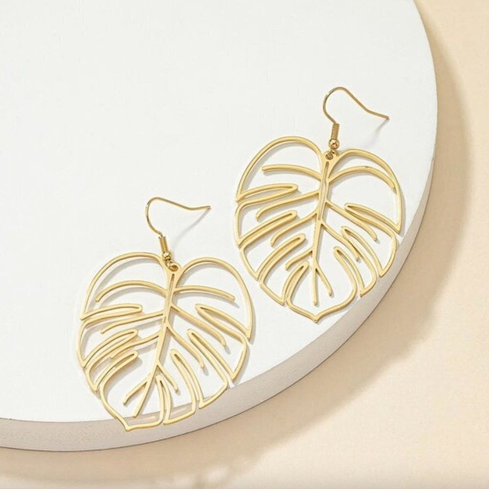 Tropical Monstera Leaf Gold Dangle Drop Earrings Outlined Vacation Resort Island