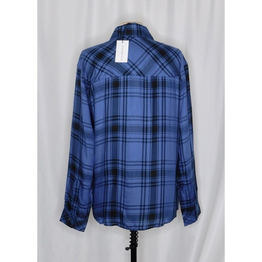 NWT!! WEWOREWHAT Boyfriend Shirt Plaid Navy Blue Collared Oversized Small Medium