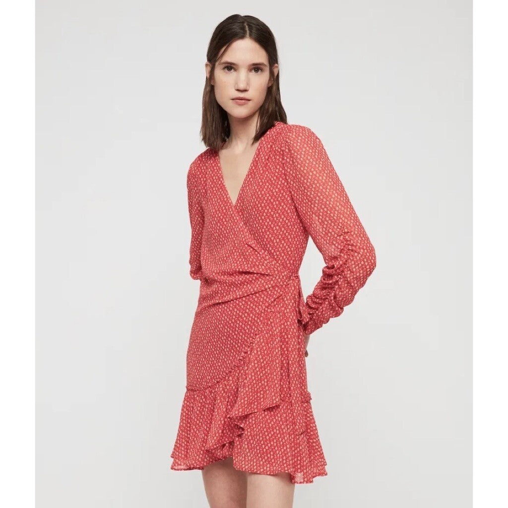 ALLSAINTS Flores Heart Print Wrap Dress Ruched Ruffle Red All Saints X-Small