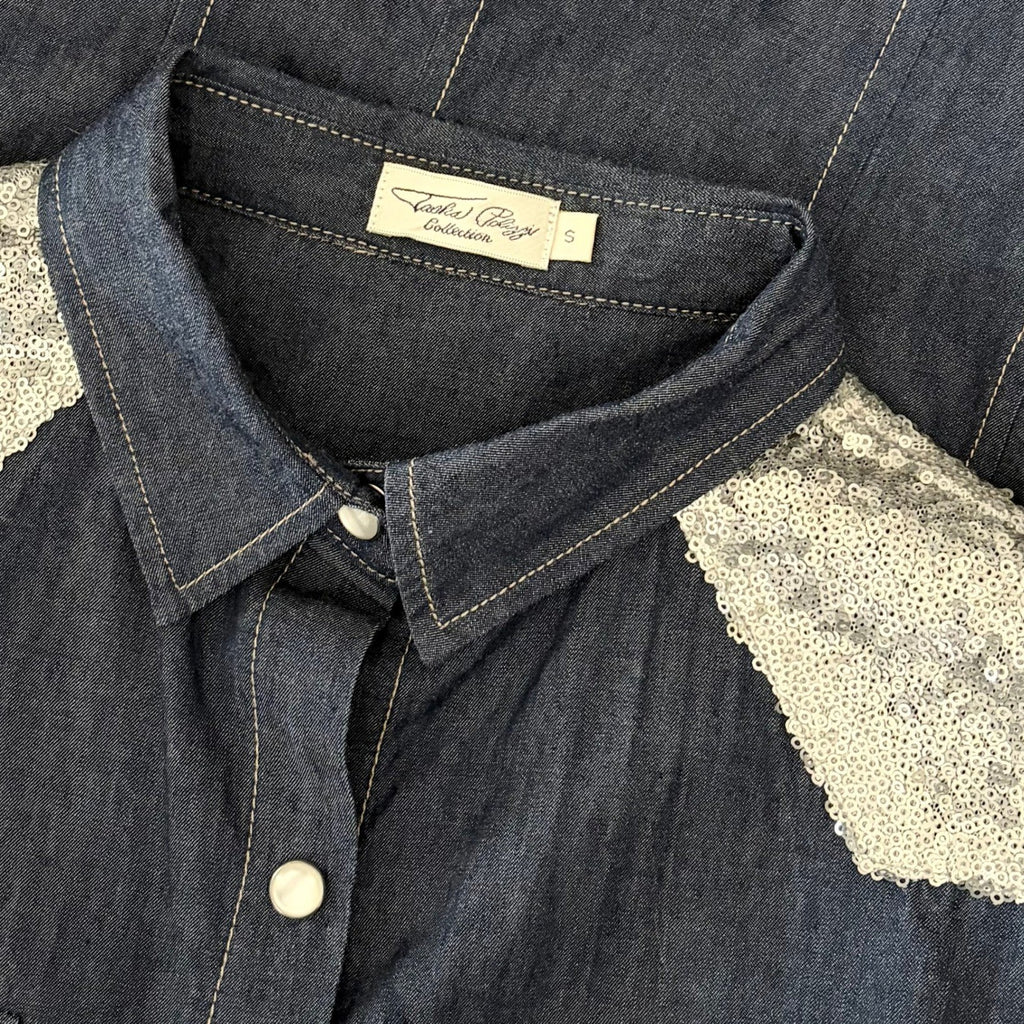 TASHA POLUZZI Roxy Denim Sequin Embellished Snap Front Shirt Western Rodeo Small
