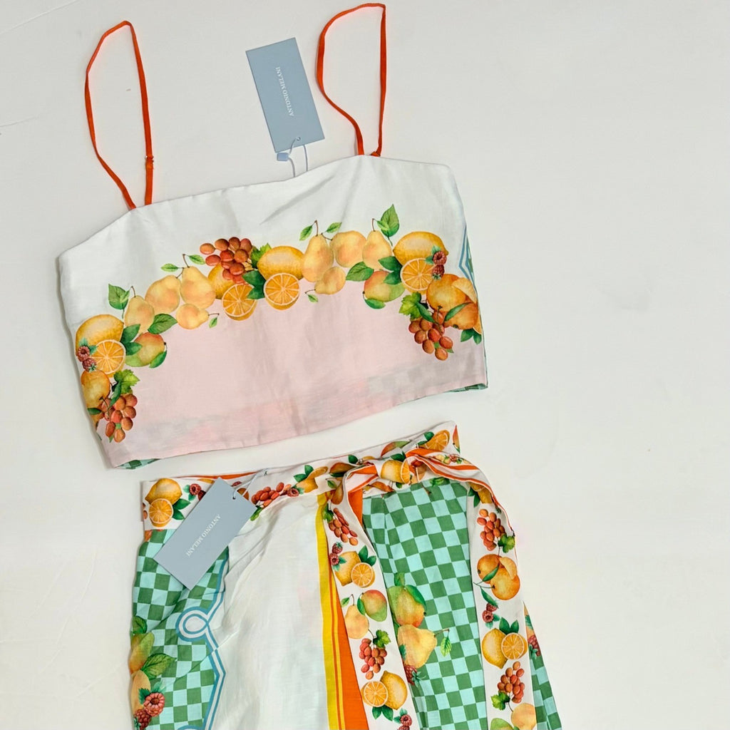 NWT!! ANTONIO MELANI Citrus Bliss Callista Cropped Linen Top Clio Mid Skirt 0