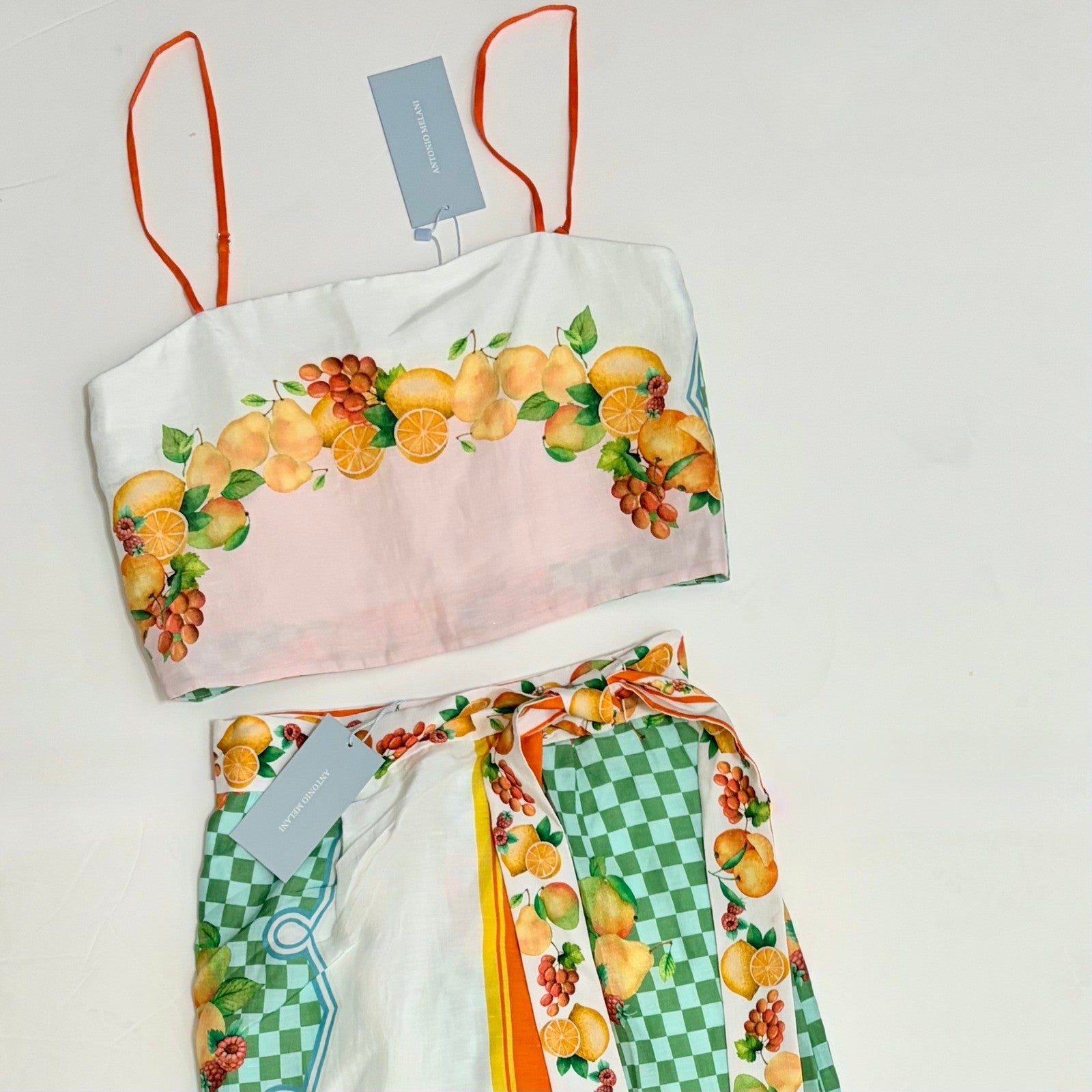 NWT!! ANTONIO MELANI Citrus Bliss Callista Cropped Linen Top Clio Mid Skirt 0