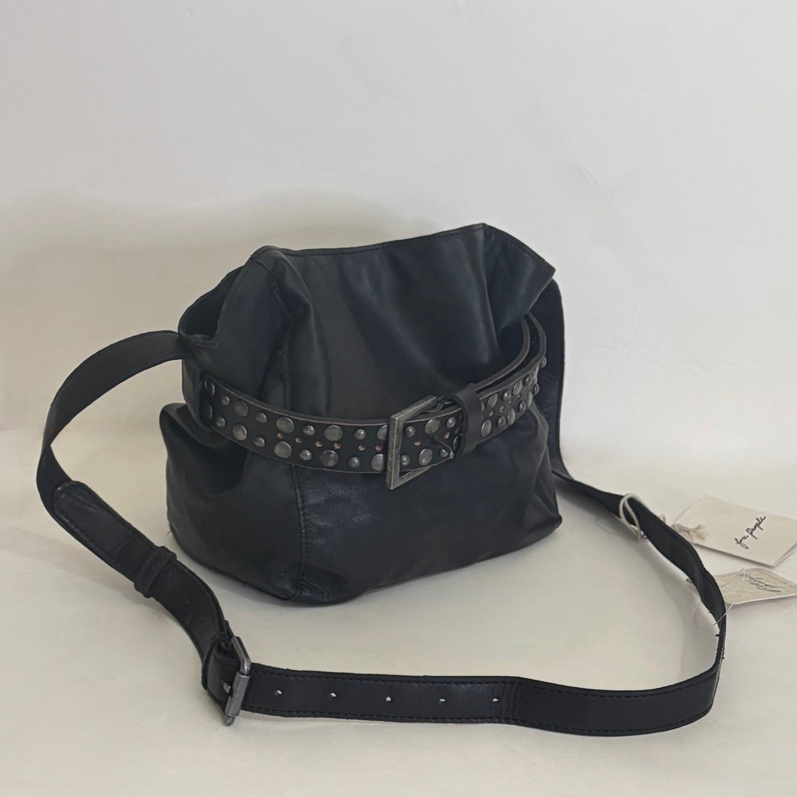 NWT!! FREE PEOPLE Black Leather Embellished Belt Bucket Bag Studded Studs Solid