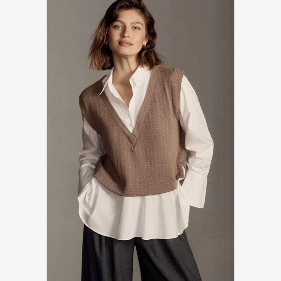 By ANTHROPOLOGIE Twofer Sweater Vest Shirt Blouse Layered Brown White X-Small