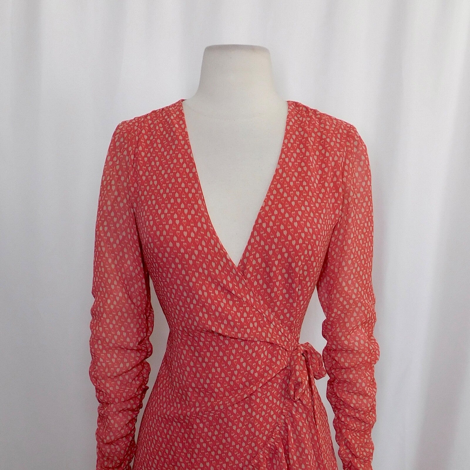 ALLSAINTS Flores Heart Print Wrap Dress Ruched Ruffle Red All Saints X-Small