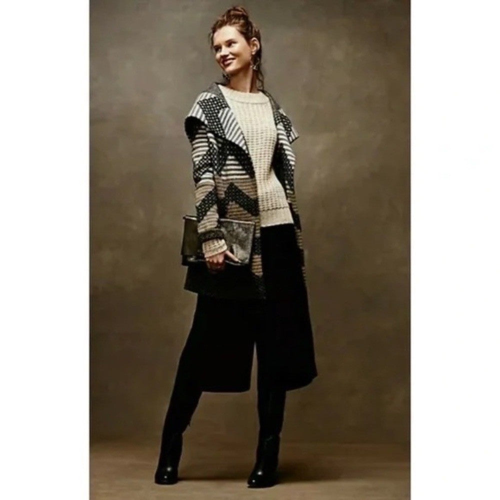 Anthropologie FIELD FLOWER Chevron Stripe Belted Wool Sweater Coat Hood X-Small
