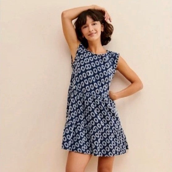 NWT!! Anthropologie MAEVE Lisanne Textured Tunic Tiered Dress Blue White X-Small